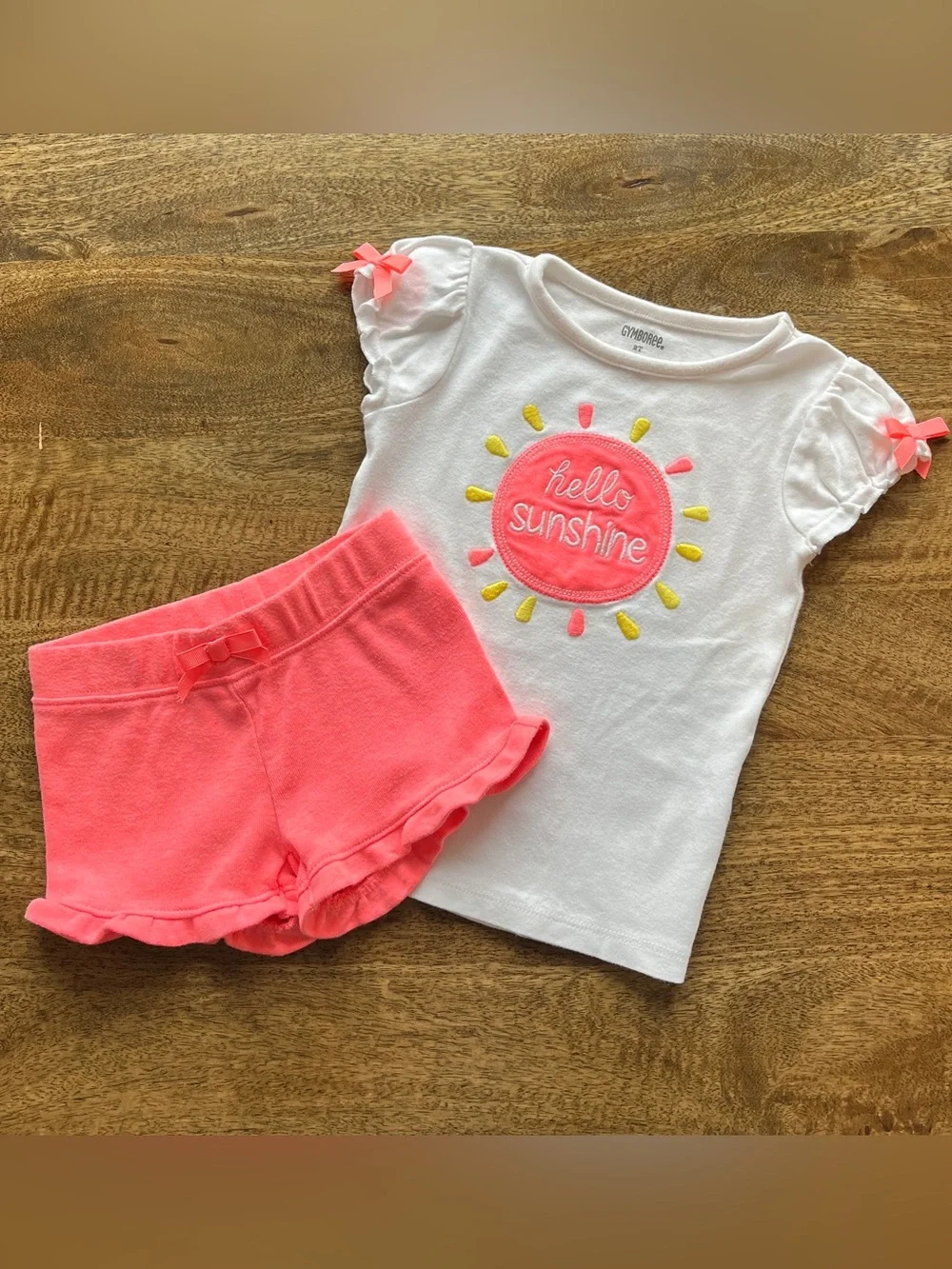 Gymboree Girls 2T Hello Sunshine Hot Pink Bows Matching Tee Shorts Set